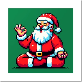 Retro 8-Bit Santa Yoga - Vintage Christmas Fitness Design Posters and Art